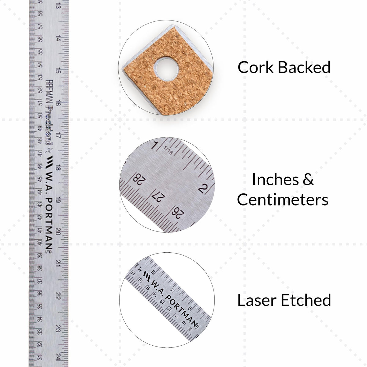 Breman Precision stainless-steel straight edge provides a precise, rigid measurement guide.
