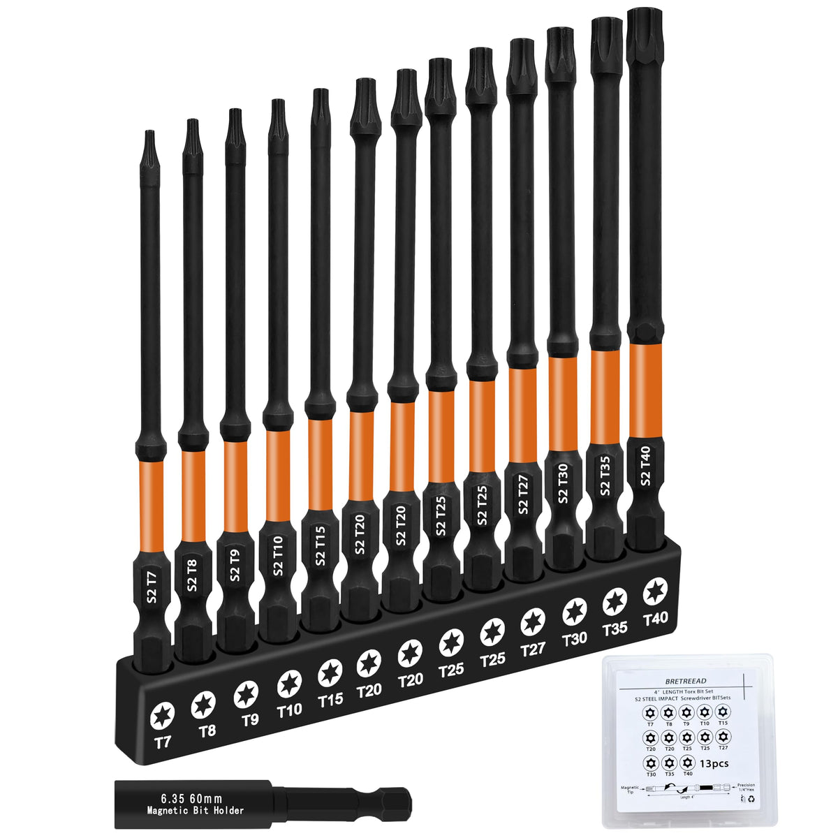 Bretreead torx bits TT7–TT40 set with magnetic holder for versatile drives.