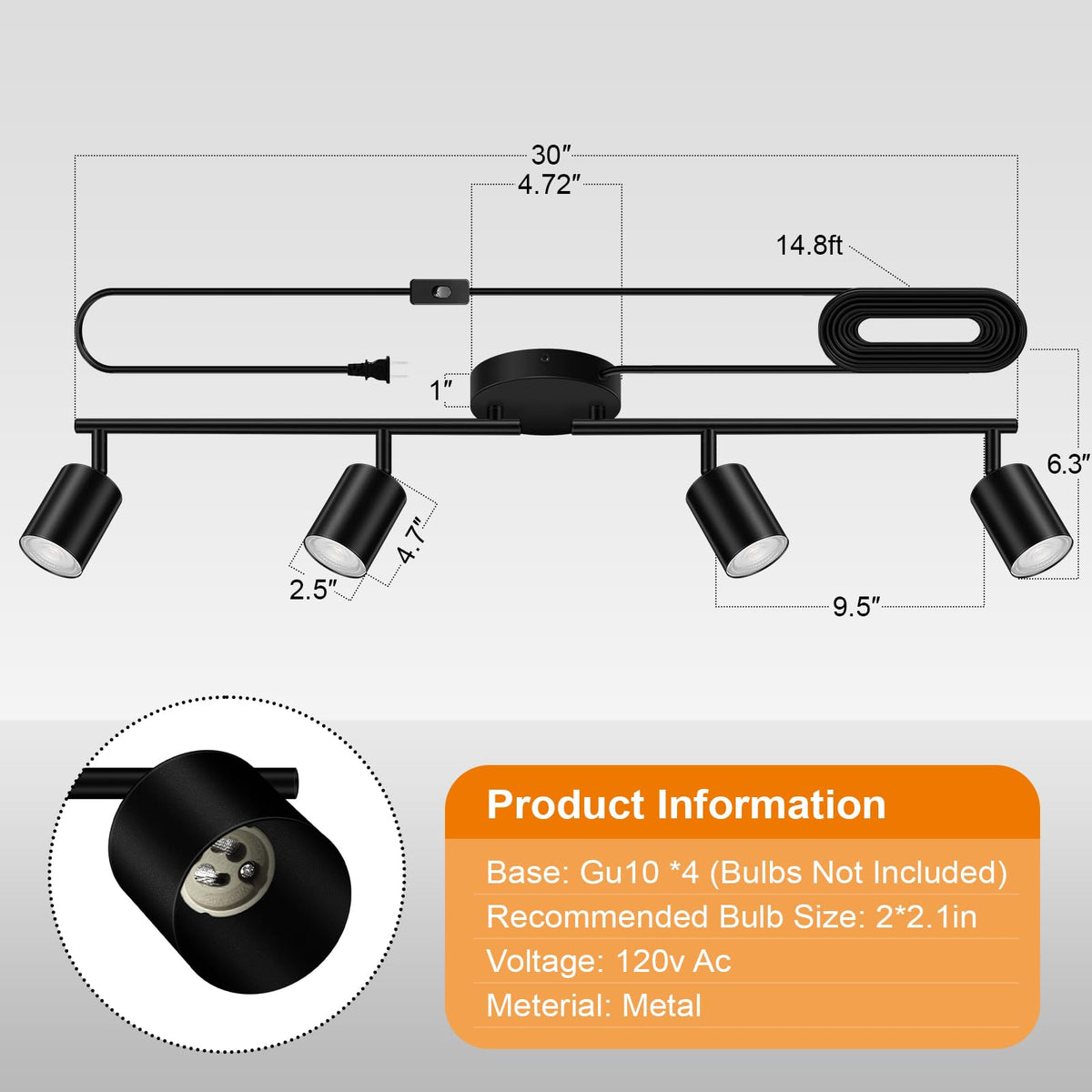 Bricosmocon 14.8-foot cord with switch enables flexible installation.