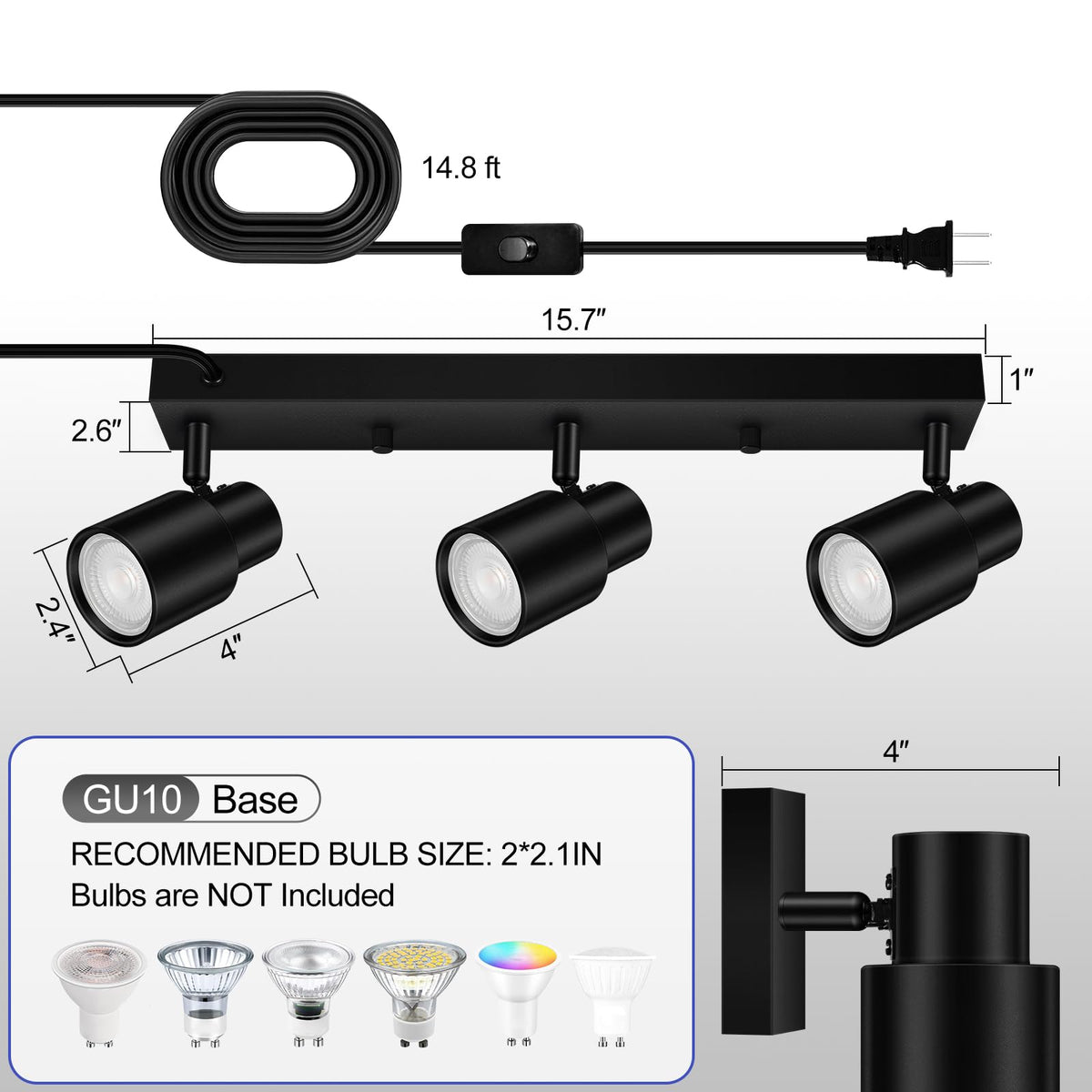 Bricosmocon track lighting kit with GU10 base for versatile bulb compatibility.
