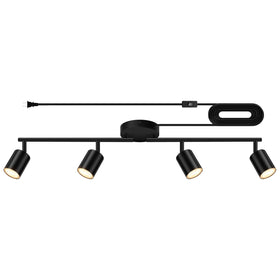 Bricosmocon four-light plug-in track lighting on black ceiling for versatile illumination.