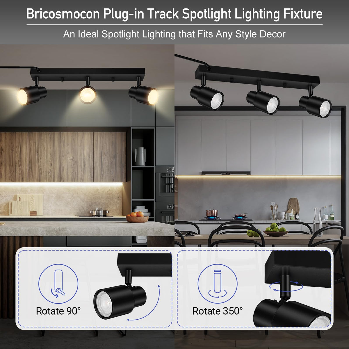 Rotatable track heads provide flexible directions for kitchen, hallway, or bedroom lighting.