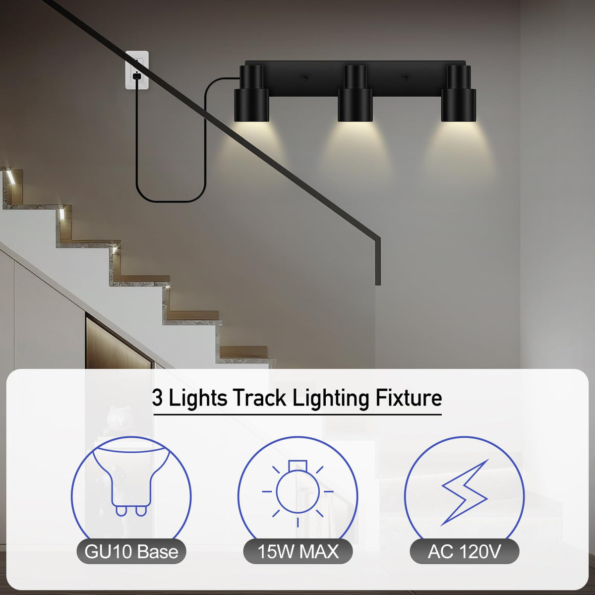Bricosmocon three-light ceiling track spotlight with adjustable heads for living room ambiance.