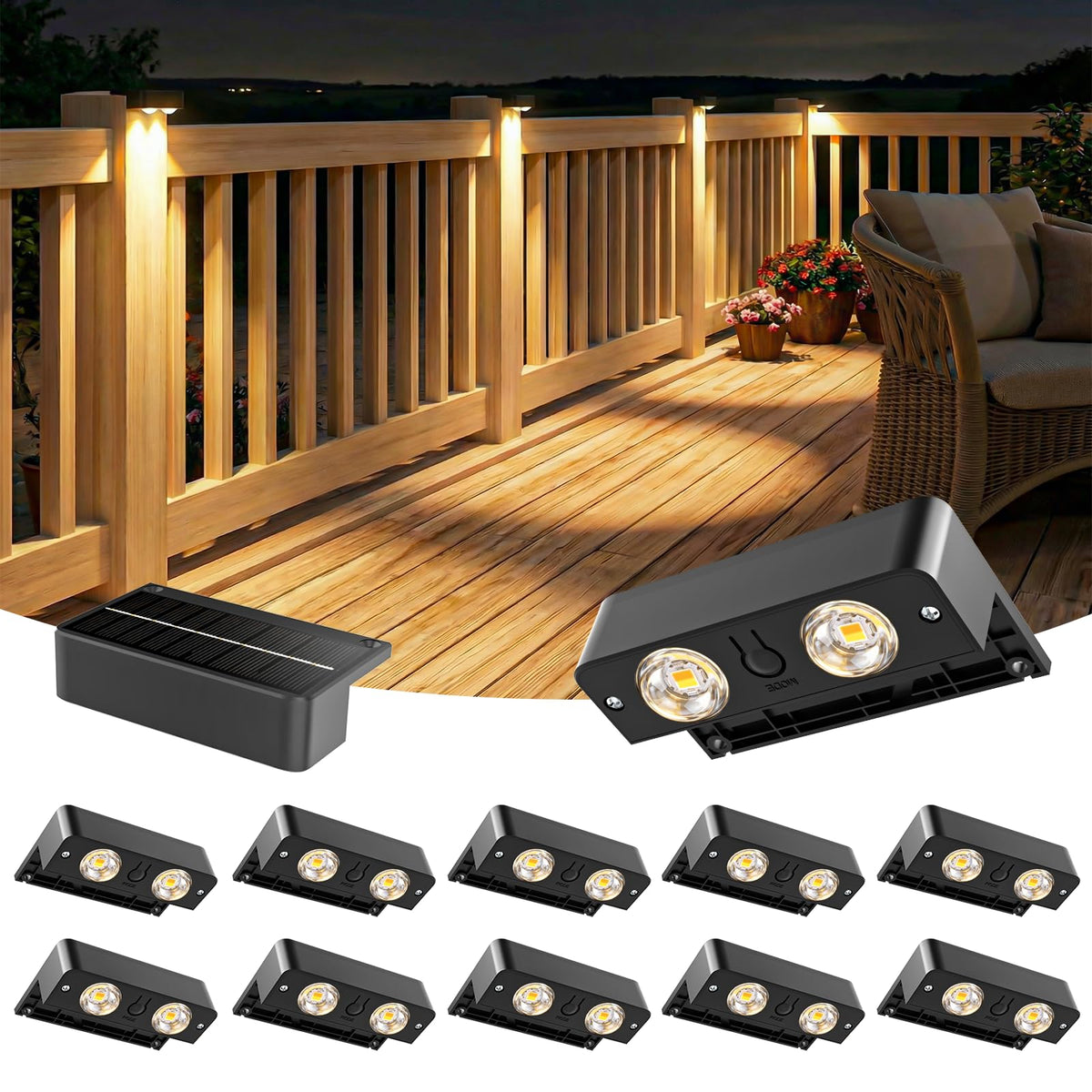 Bridika Solar Deck Lights 12-pack illuminate patios and steps safely at night.