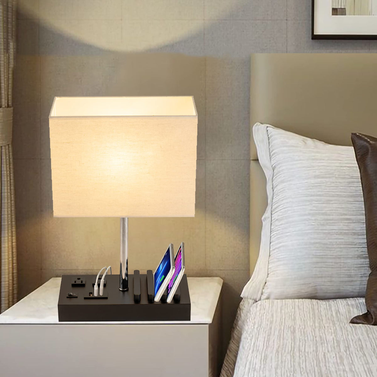 Briever nightstand lamp designed to reduce clutter with integrated charging and organization.