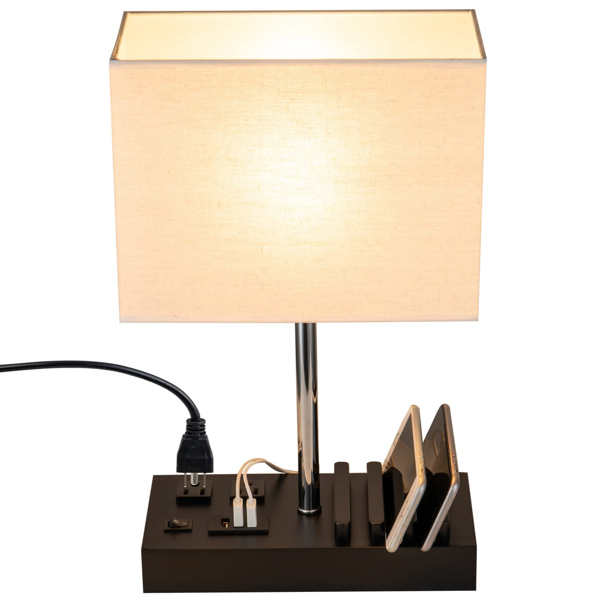 Briever Upgraded 3 USB Table Lamp, front view, shows USB-C and USB-A ports for easy charging.