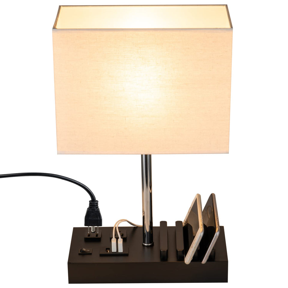 Briever Upgraded 3 USB Table Lamp, front view, shows USB-C and USB-A ports for easy charging.