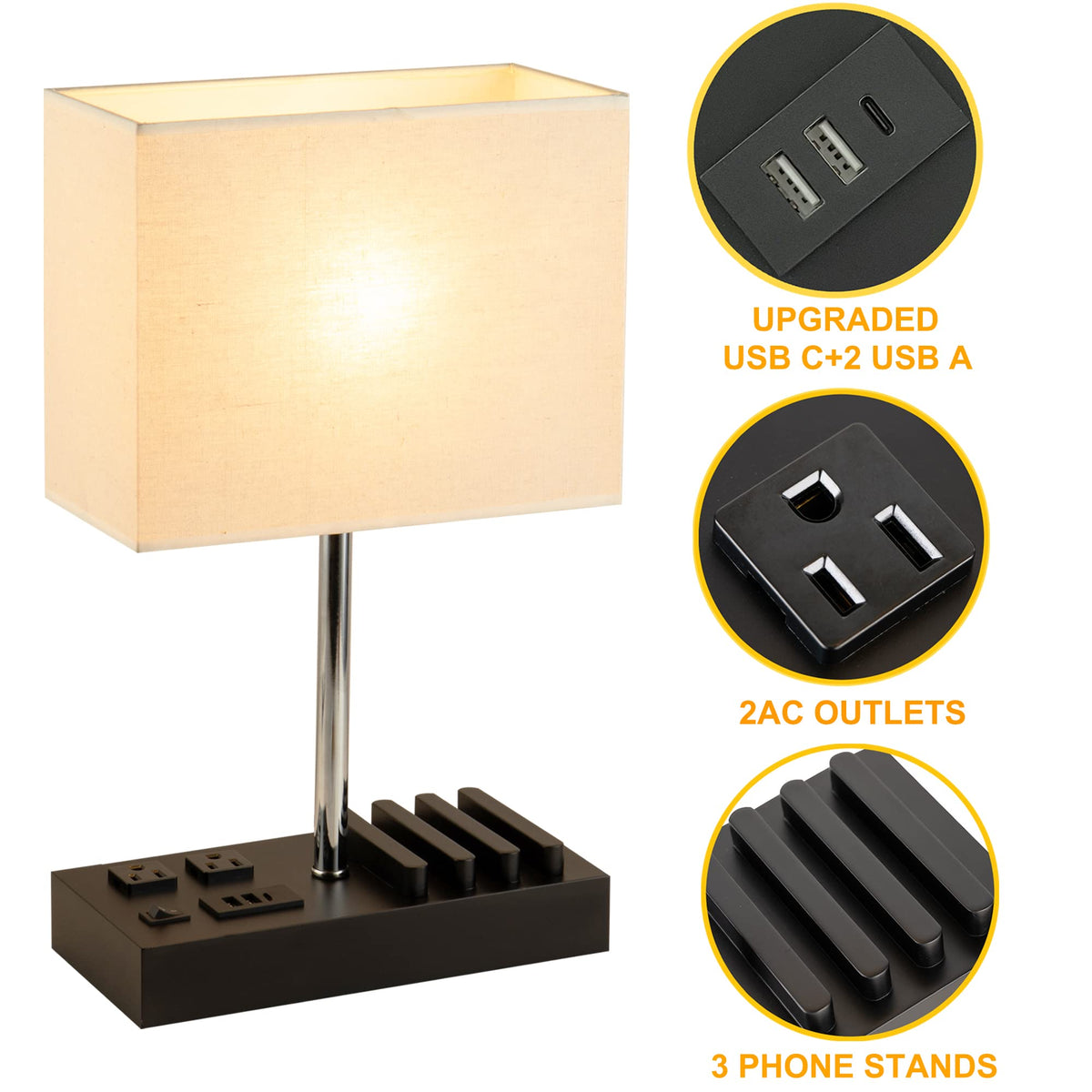 Briever Upgraded 3 USB Table Lamp, side view highlighting two AC outlets for bedside power.