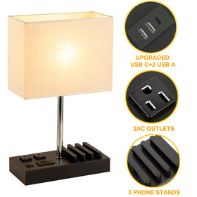Briever Upgraded 3 USB Table Lamp, side view highlighting two AC outlets for bedside power.