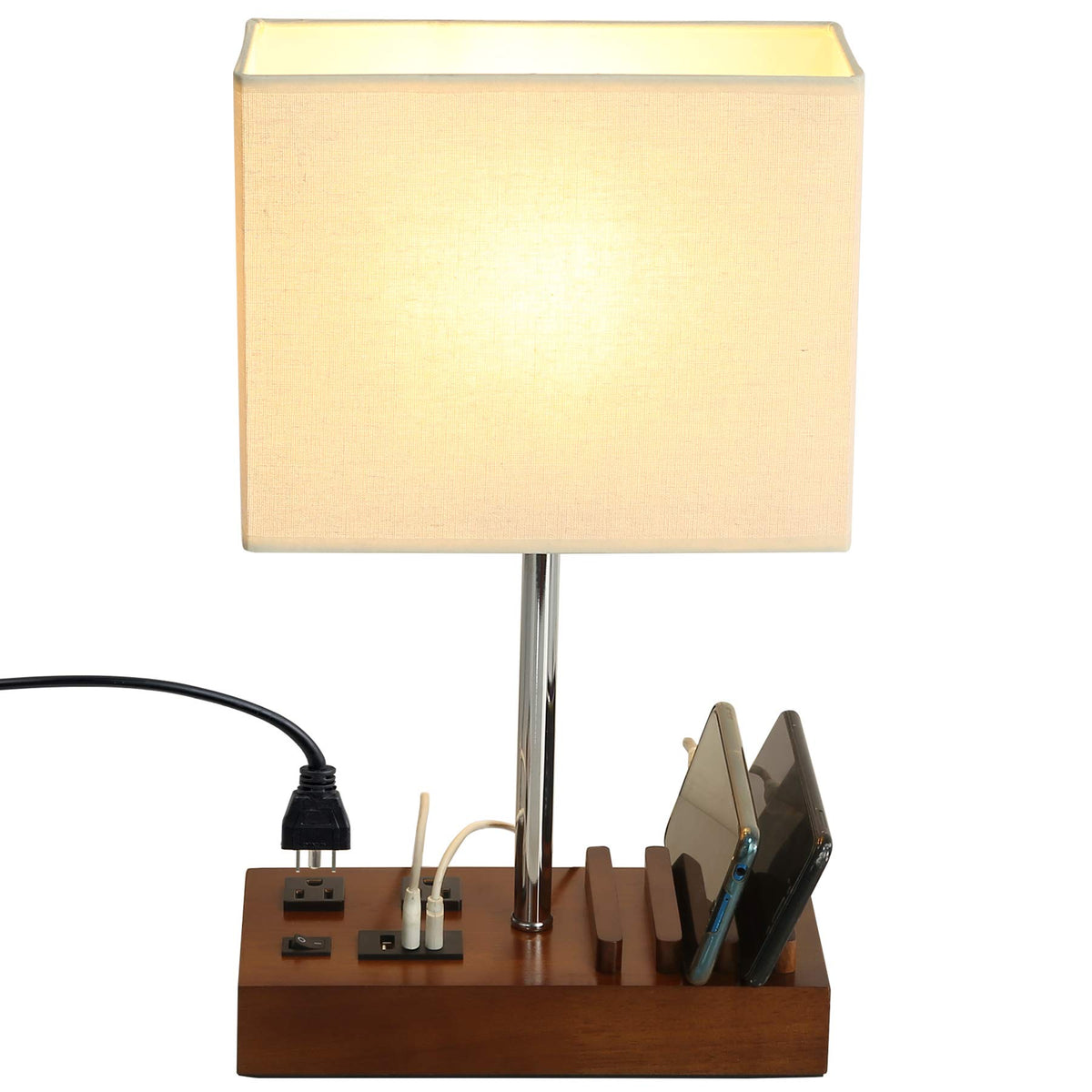 Briever USB table lamp with dual outlets and wooden base for organized charging.