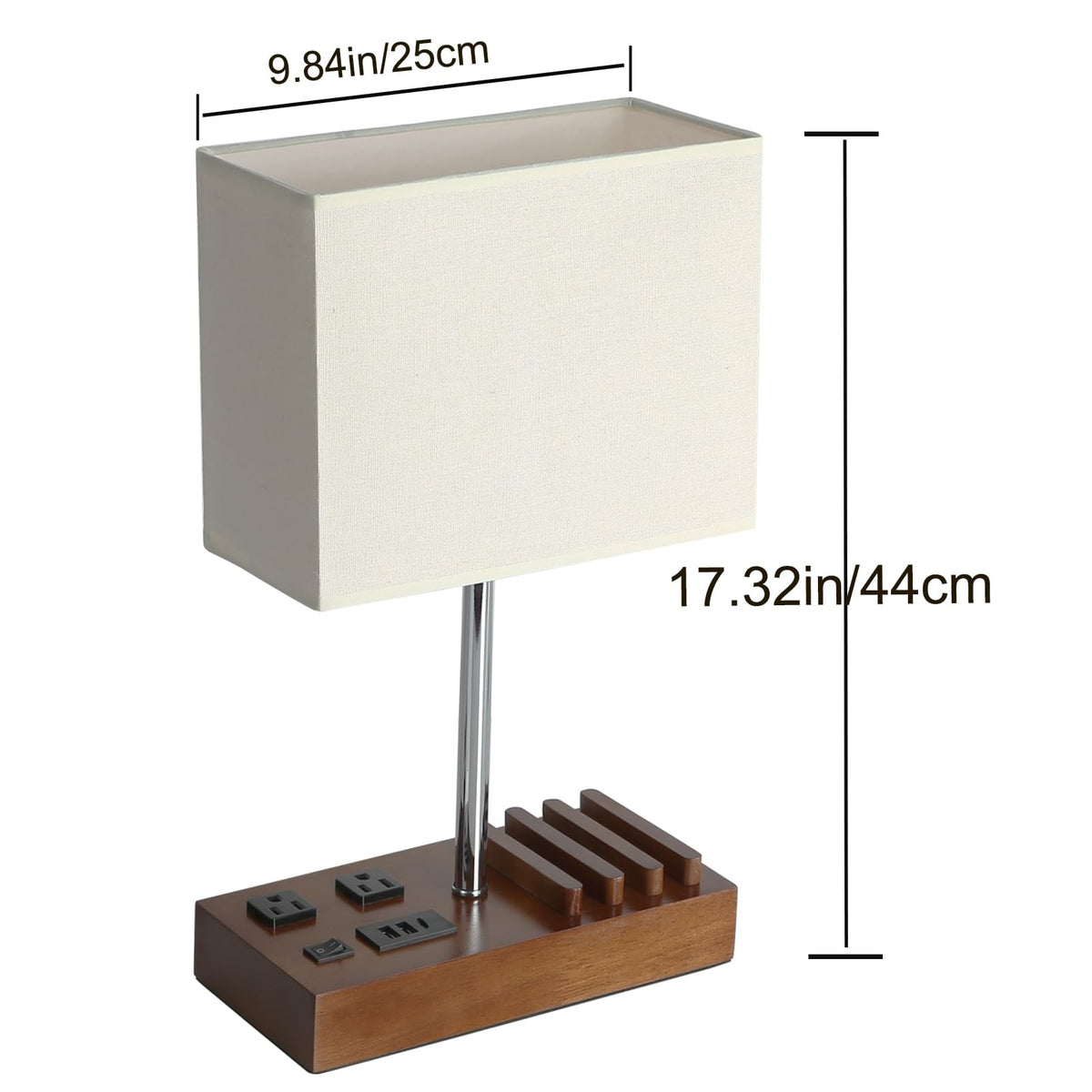 Briever lamp used as a desk light in a home office with outlets.