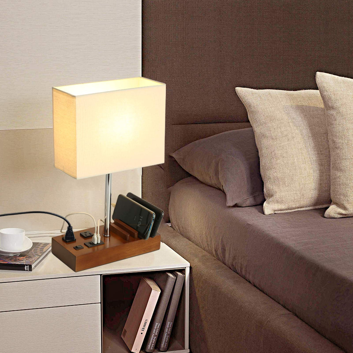 Side angle view of Briever USB table lamp in a modern room.