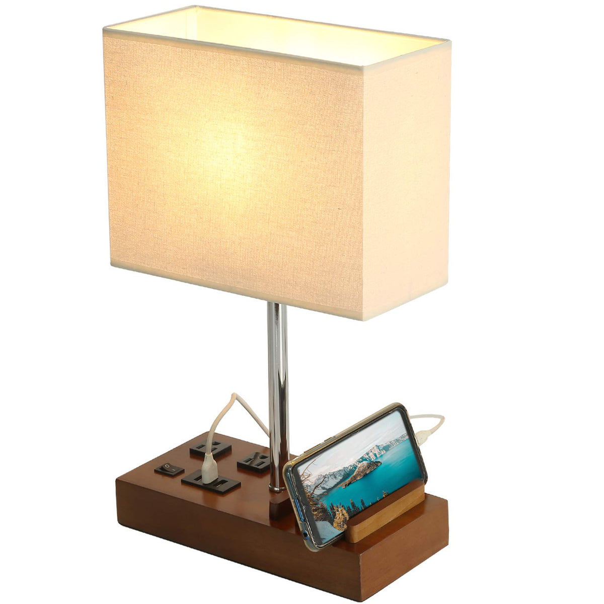 Solid wood charging station on Briever lamp with three phone stands.