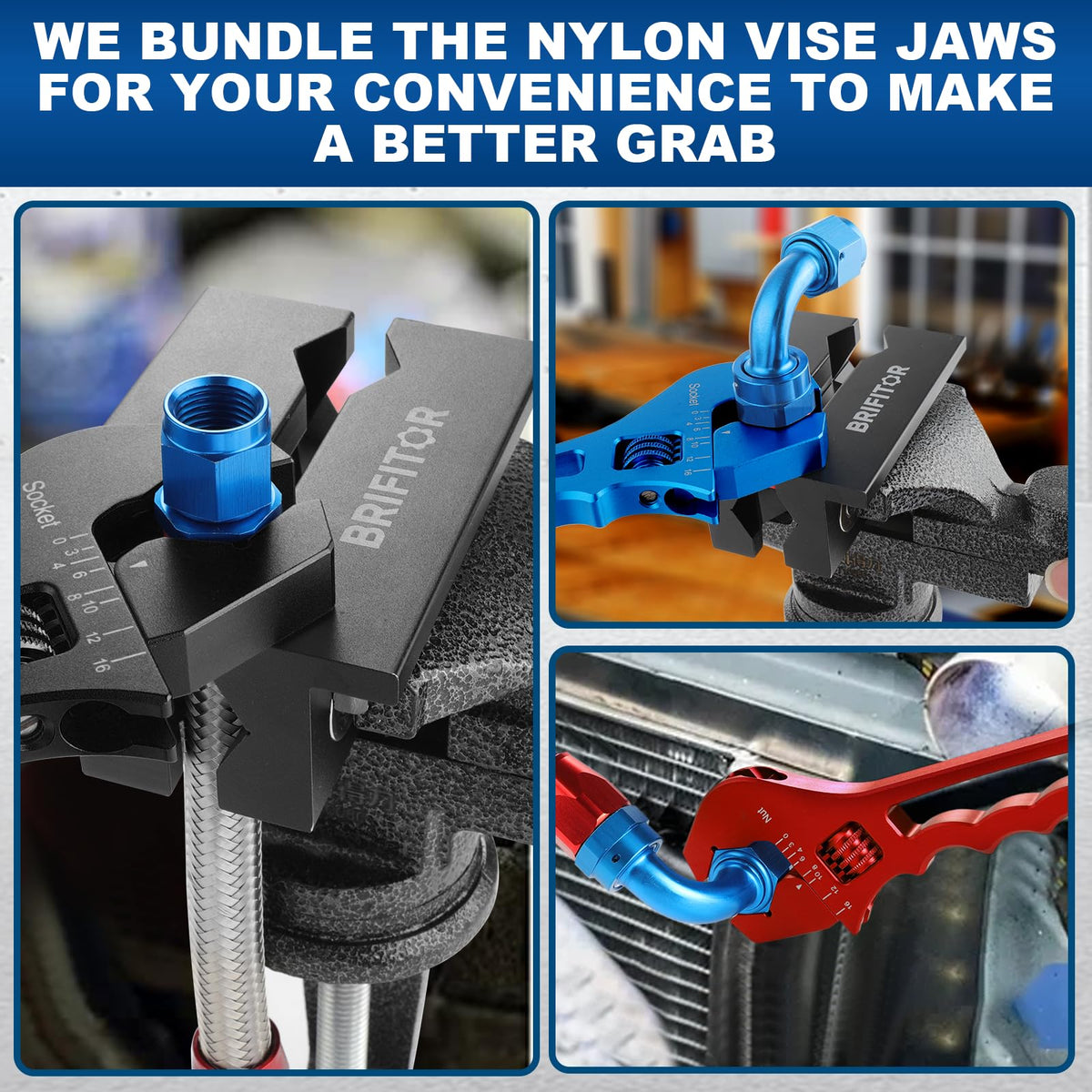 BRIFITOR AN fittings wrench 4-inch vise jaws pads provide stable clamping.