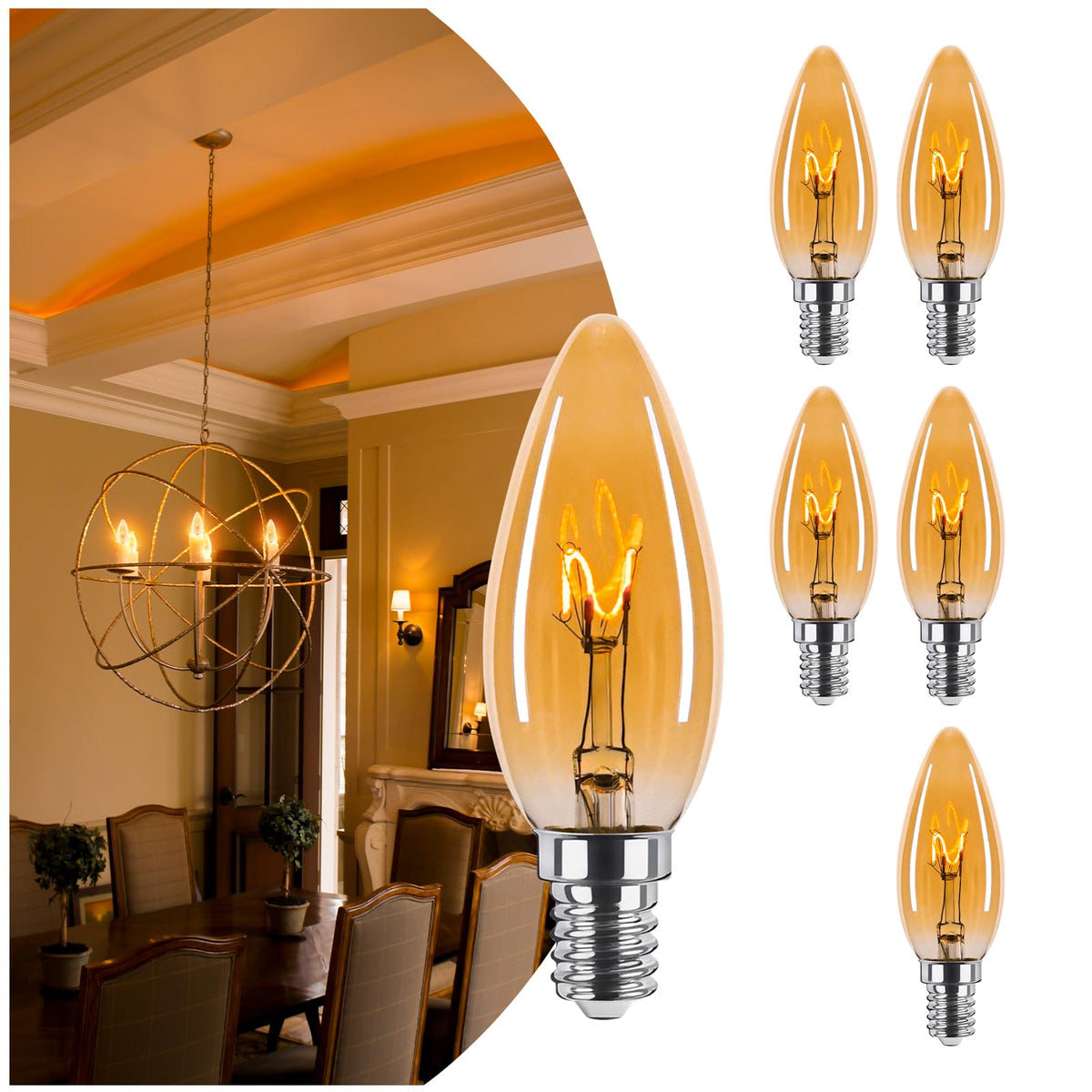 Brighfivey amber candelabra bulb 25W-equivalent for elegant dining lighting