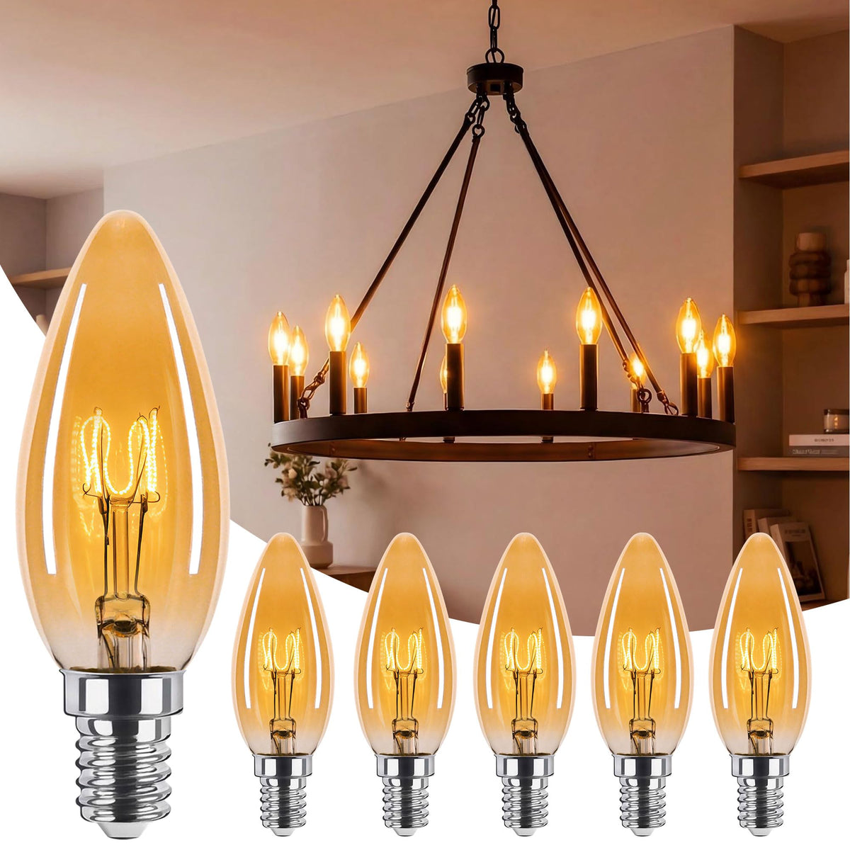 Brighfivey amber candelabra bulb 40W equivalent for vintage chandeliers