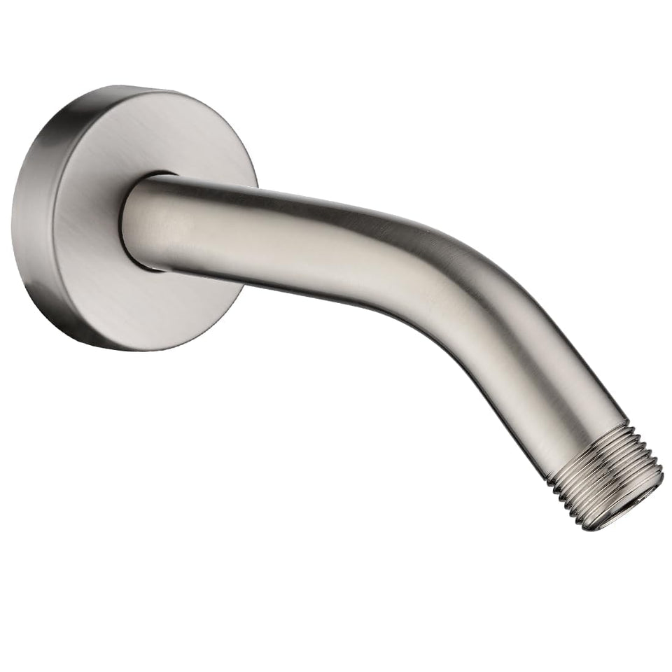 Bright Showers 6-inch brass shower arm with flange shows sturdy wall-mount installation