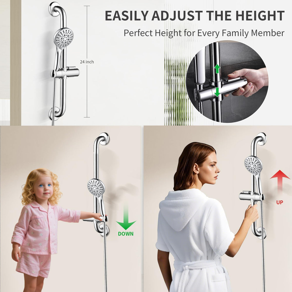 Bright Showers 69-inch hose extending reach toward hard-to-reach areas