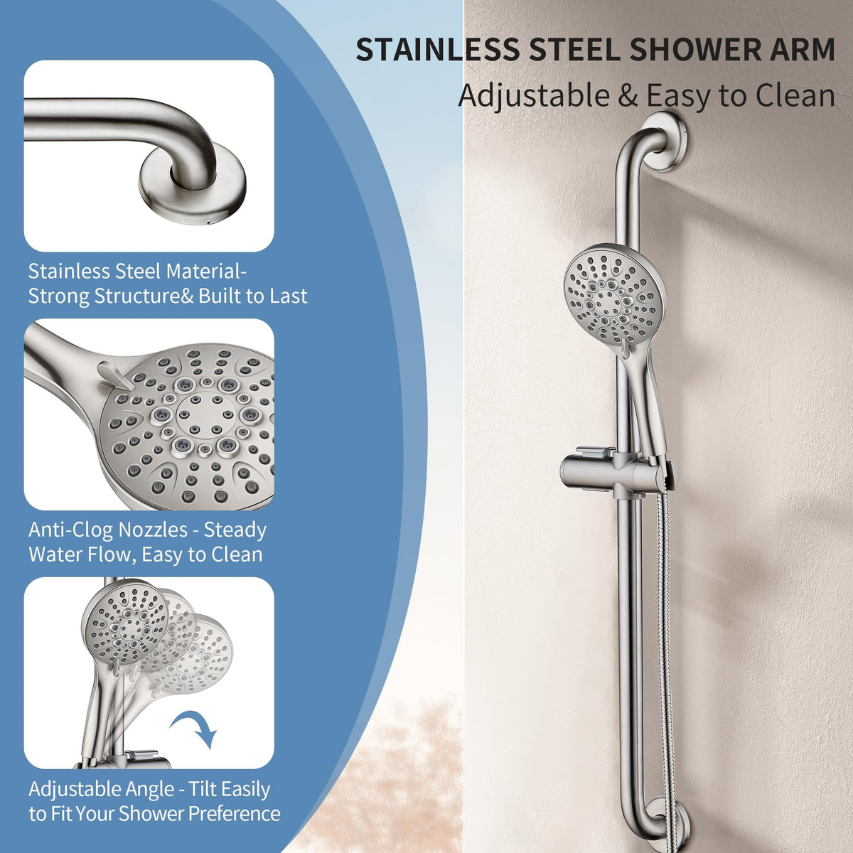 BRIGHT SHOWERS ADA grab bar supports up to 250 lbs for stability.