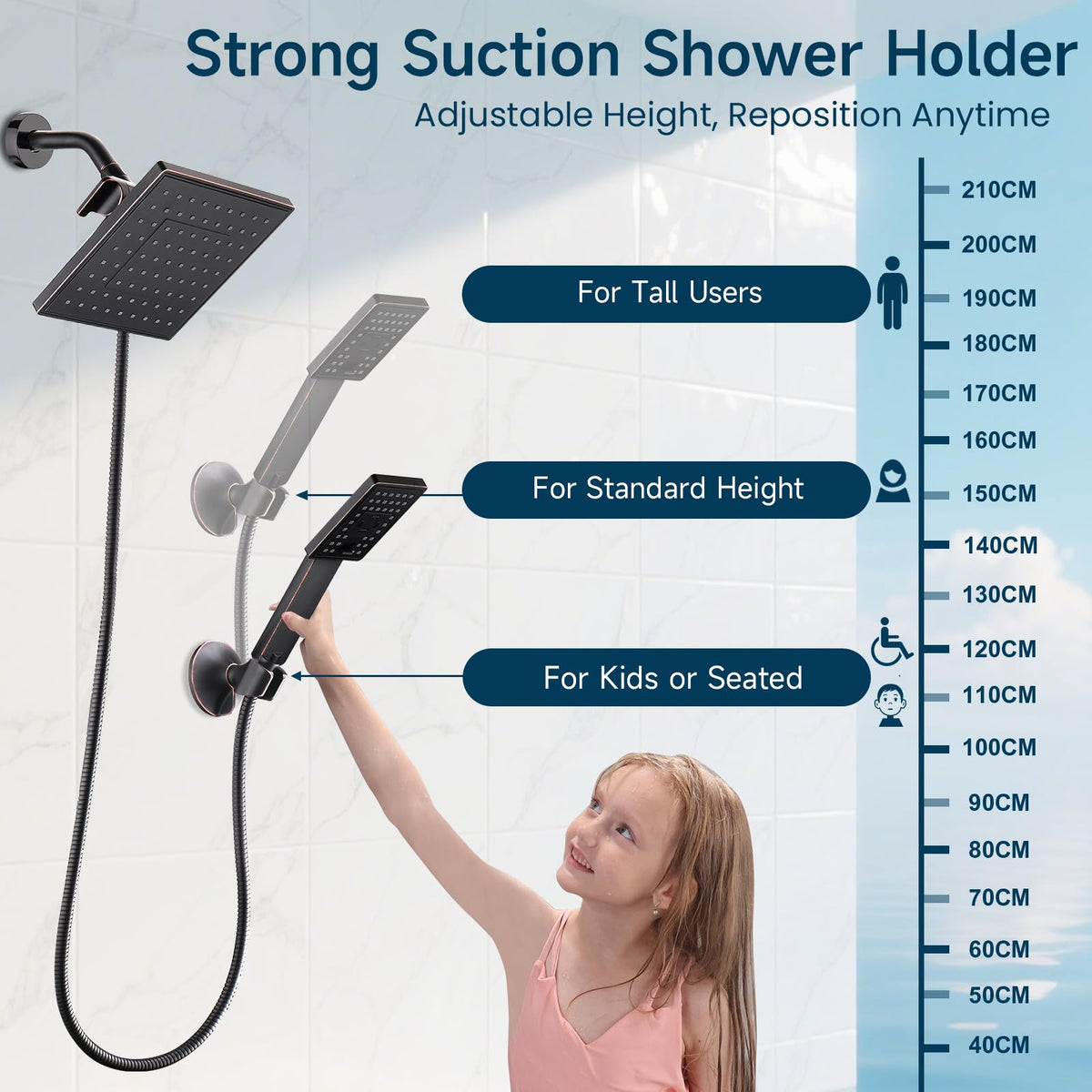 BRIGHT SHOWERS adhesive disc aids secure placement on textured walls.