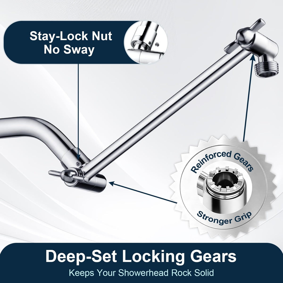 Close-up of BRIGHT SHOWERS brass extension arm chrome finish resisting corrosion over time.