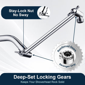 Close-up of BRIGHT SHOWERS brass extension arm chrome finish resisting corrosion over time.