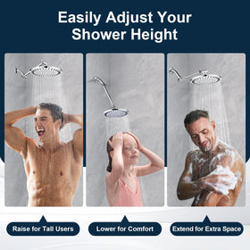 BRIGHT SHOWERS brass extension arm heavy-duty knobs keep the shower head secure.