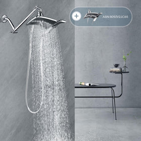 BRIGHT SHOWERS brass extension arm sleek chrome appearance enhances bathrooms.