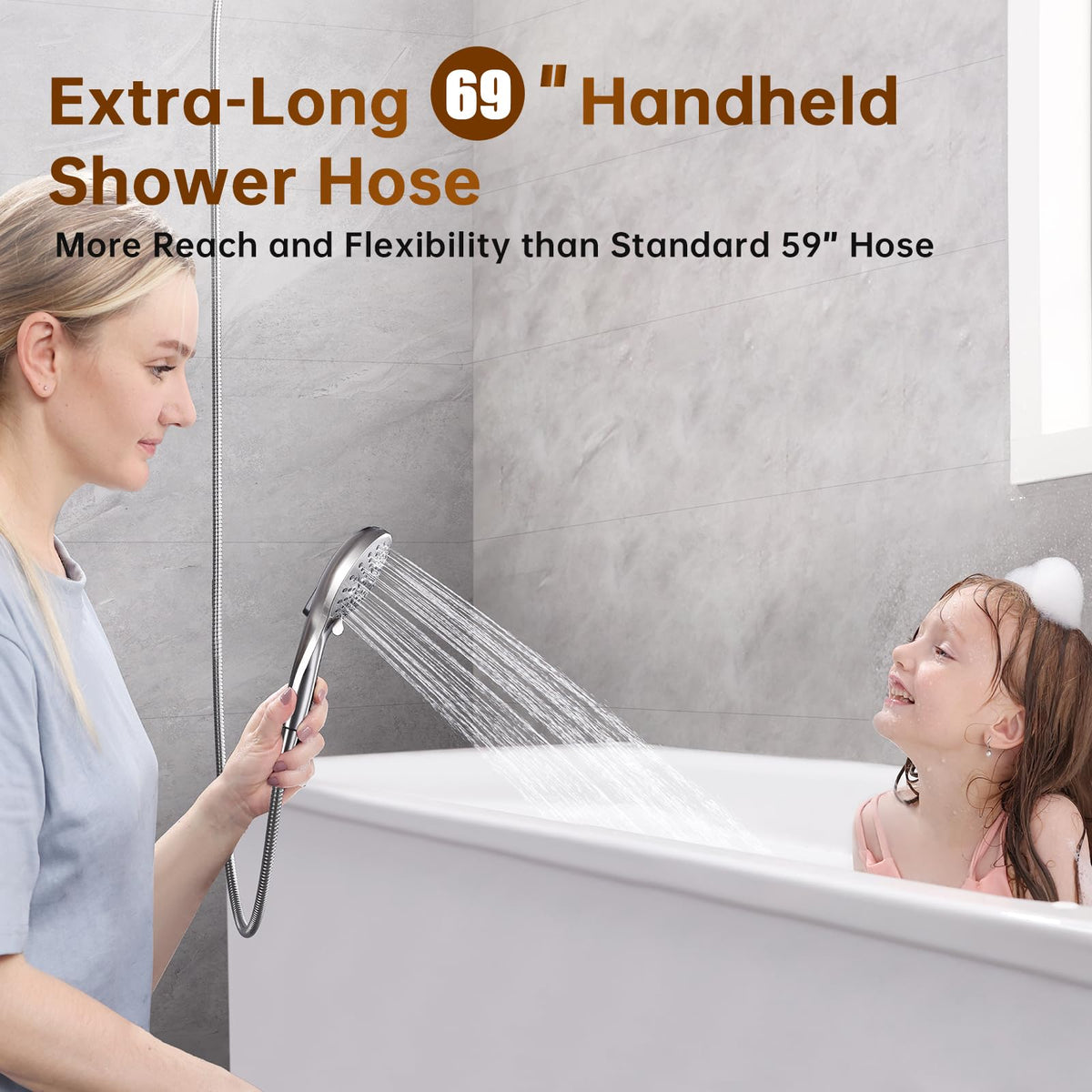 BRIGHT SHOWERS brushed nickel finish blends with modern bathrooms