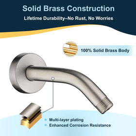 Bright Showers brushed-nickel shower arm close-up highlights premium finish