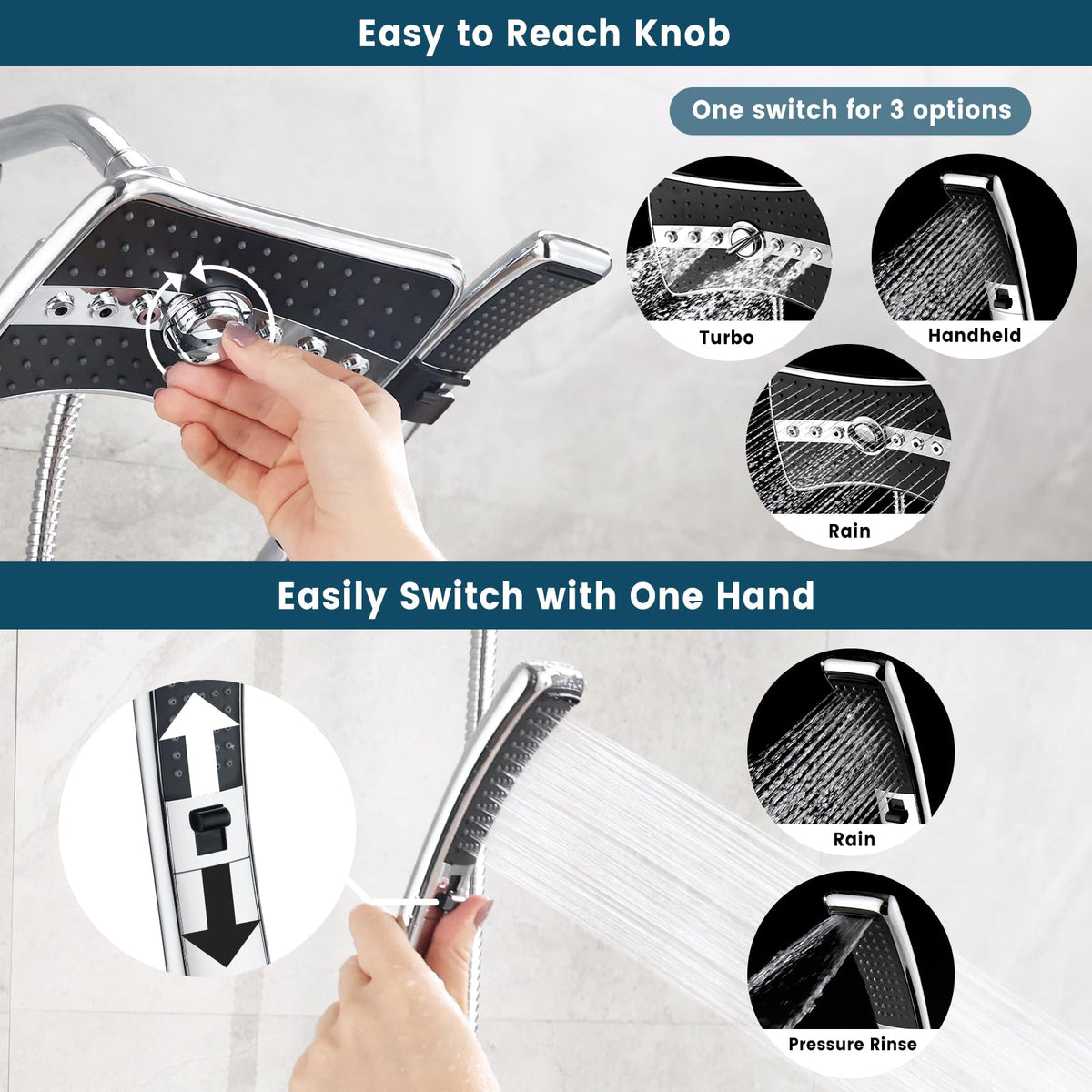 BRIGHT SHOWERS chrome and black-face design adds modern bathroom style.