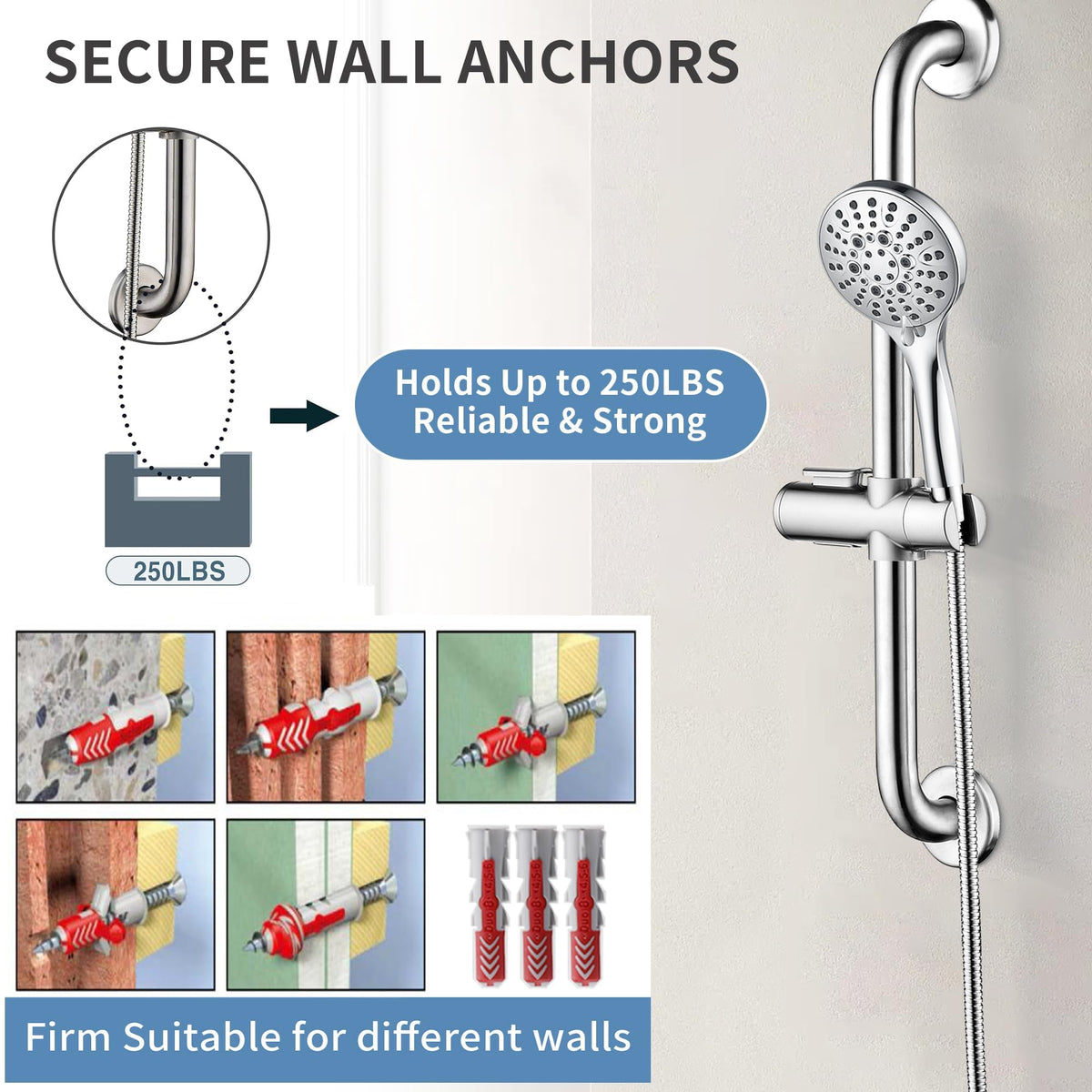 Bright Showers chrome-plated hardware for a clean bathroom look