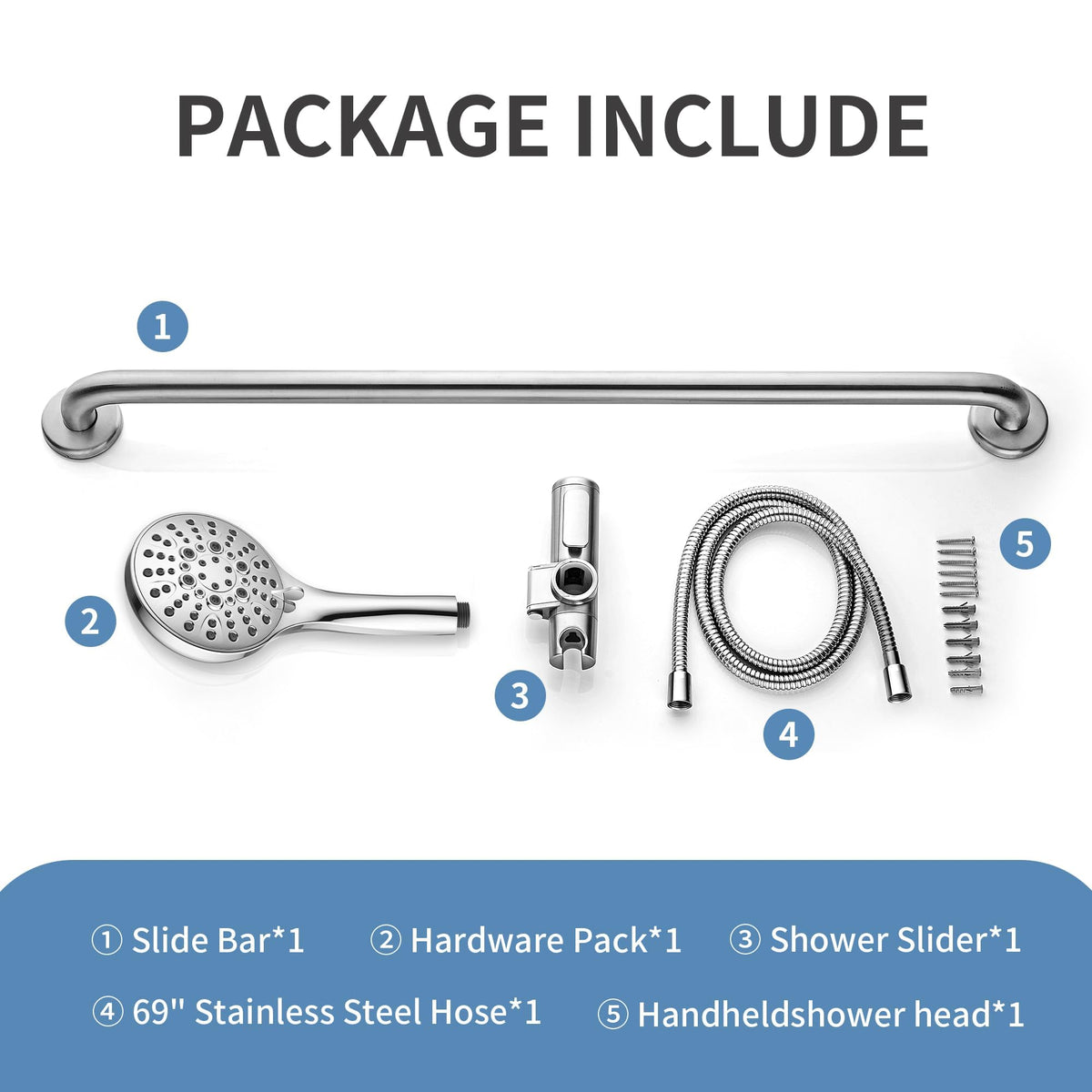 Bright Showers complete package with shower head, slide bar, and hose