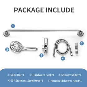 Bright Showers complete package with shower head, slide bar, and hose