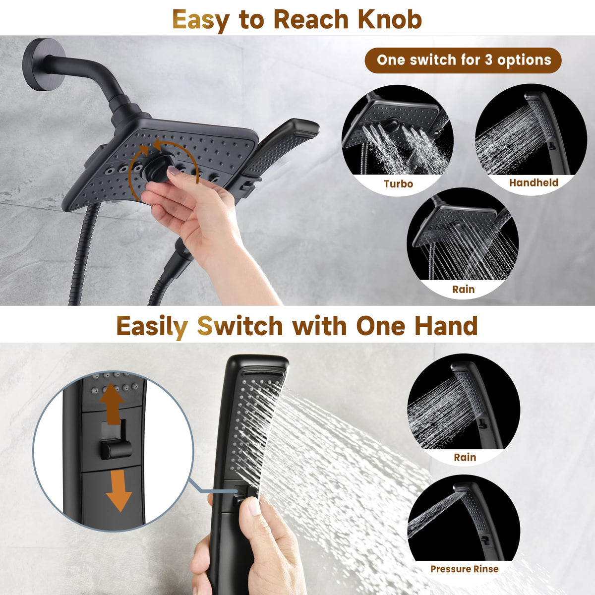 Bright Showers dual-head setup highlights tool-free installation for quick upgrades.