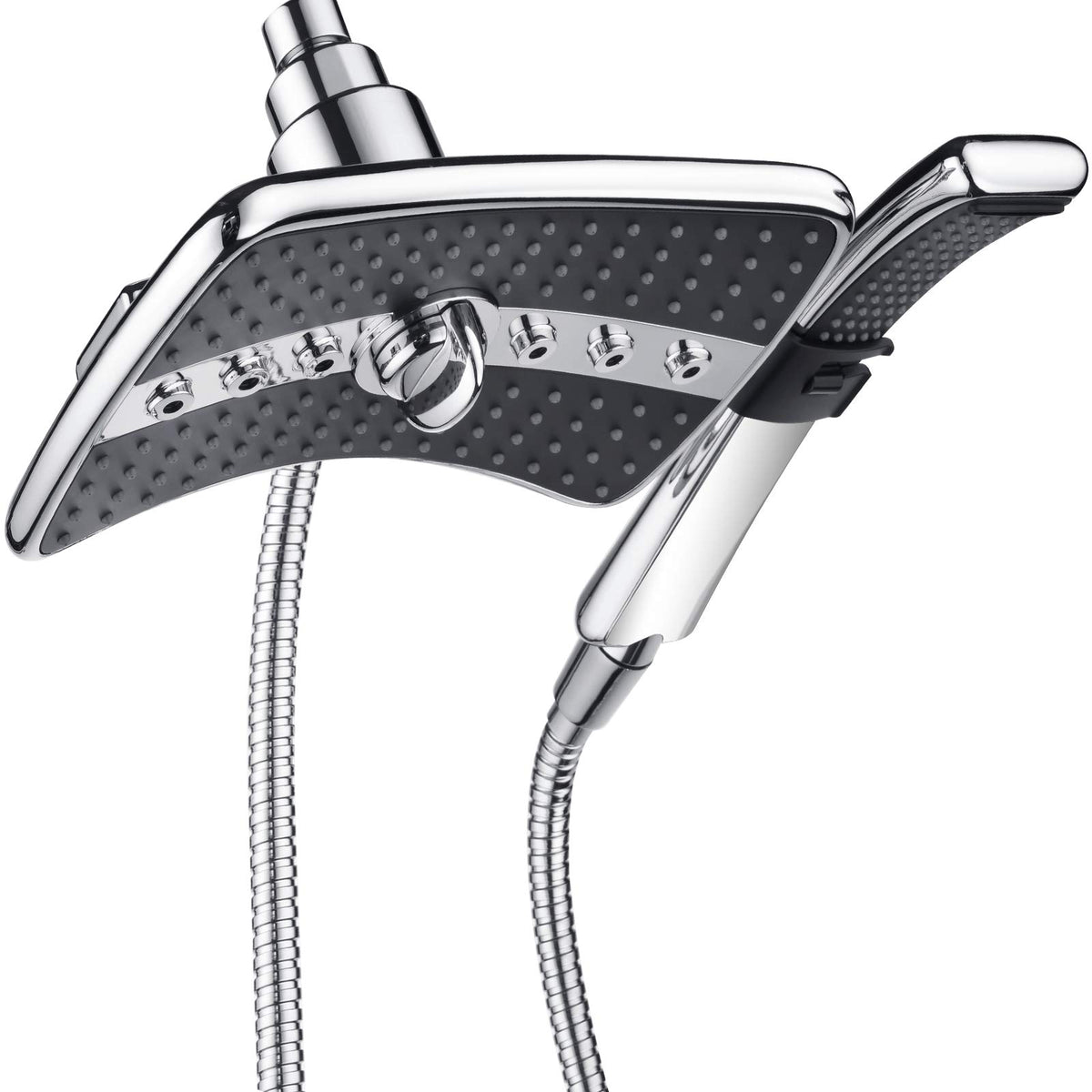 BRIGHT SHOWERS dual shower head with front switch for one-handed control.