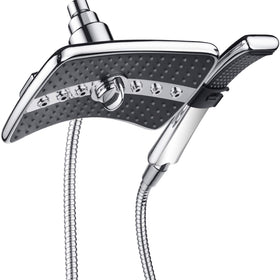 BRIGHT SHOWERS dual shower head with front switch for one-handed control.