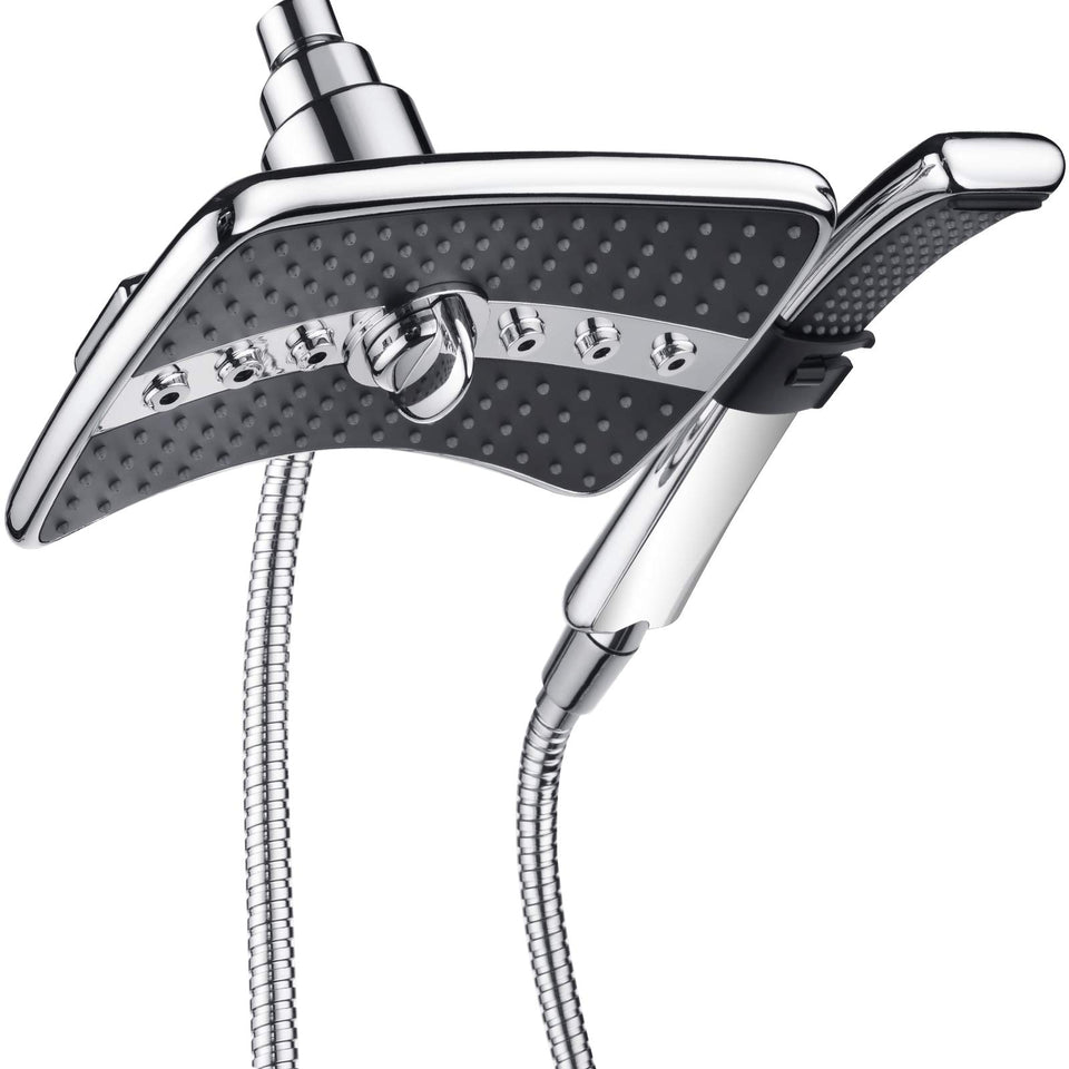 BRIGHT SHOWERS dual shower head with front switch for one-handed control.