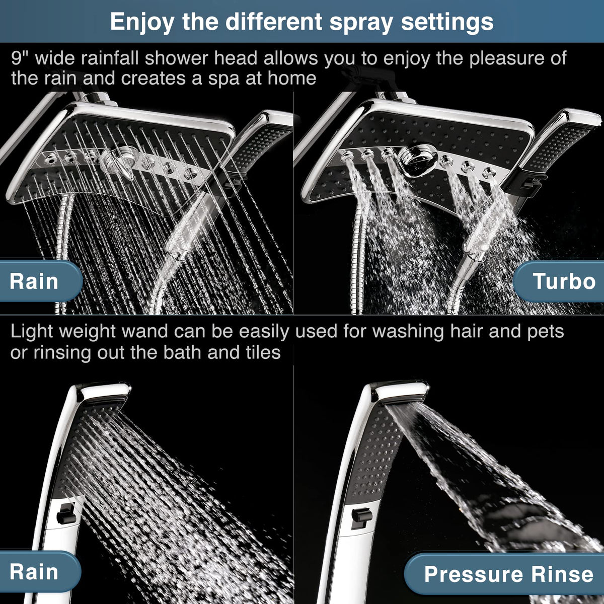 Bright Showers front switch enables one handed mode changes.