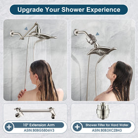 BRIGHT SHOWERS grey-face handheld shower detail for versatile spray control.