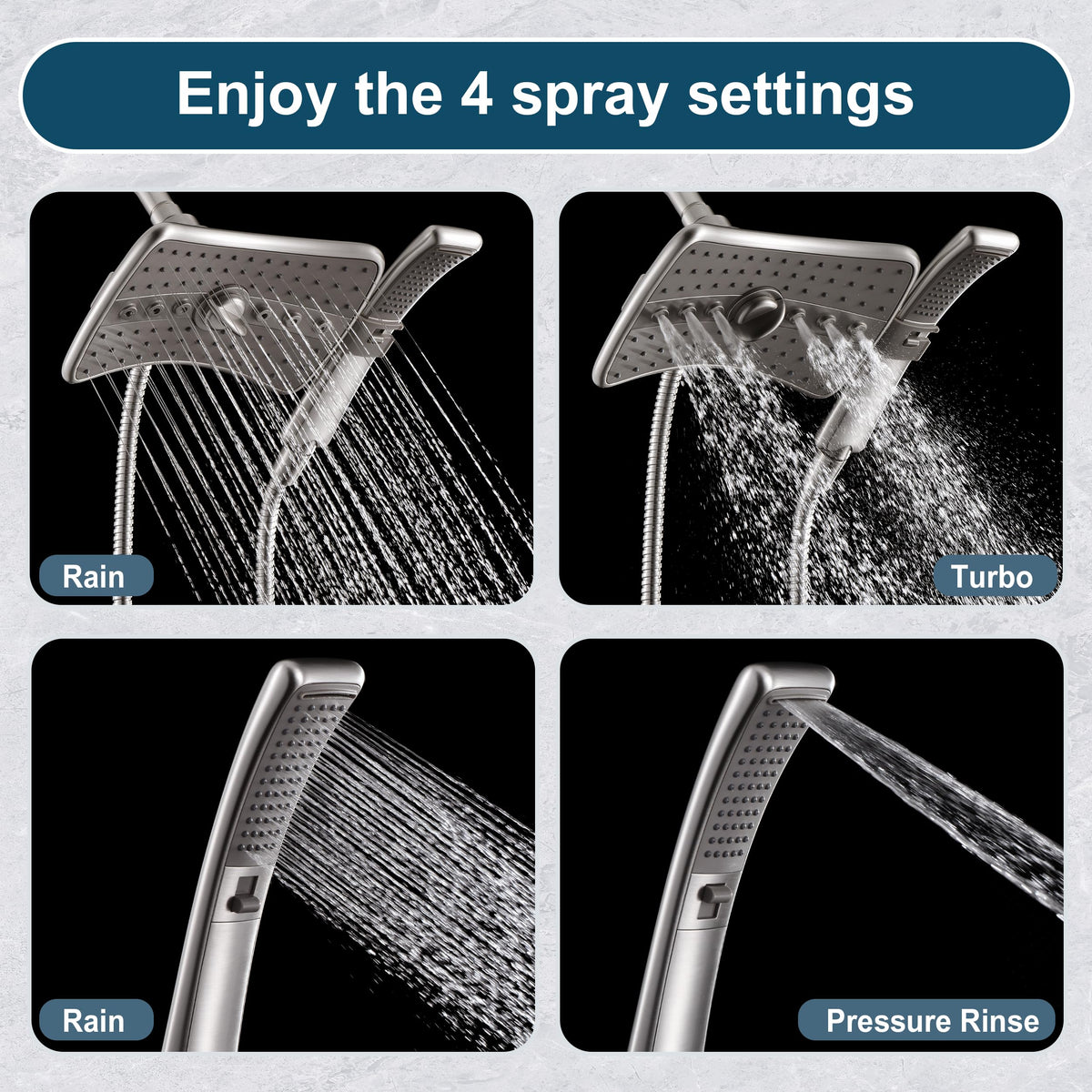 BRIGHT SHOWERS handheld shower hose extended to 60 inches for easy reach.