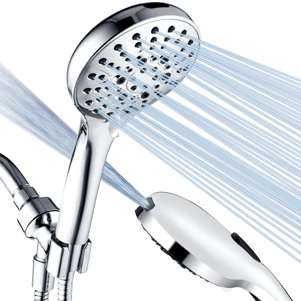 BRIGHT SHOWERS high pressure shower head demonstrates strong spray for a refreshing bath.