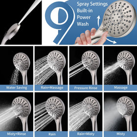BRIGHT SHOWERS nine spray settings for personalized rinsing options.