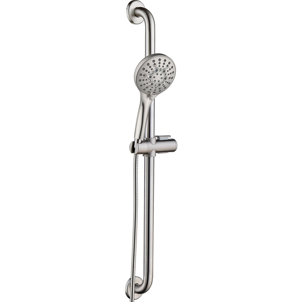 BRIGHT SHOWERS slide bar with handheld head for easy reach and secure mounting.