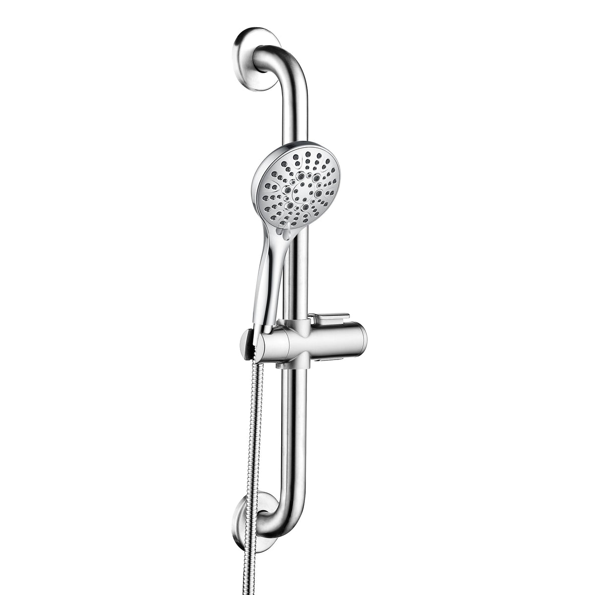 Bright Showers stainless-steel grab bar set viewed from the side for sturdy support