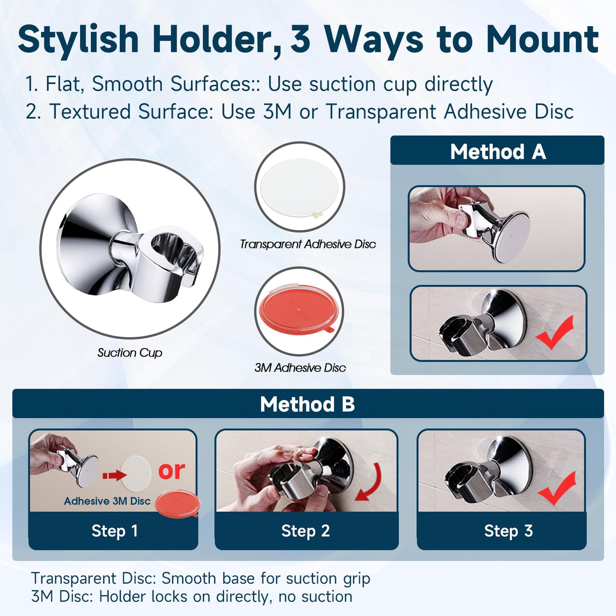 BRIGHT SHOWERS wall suction bracket with adhesive disc for flexible installation
