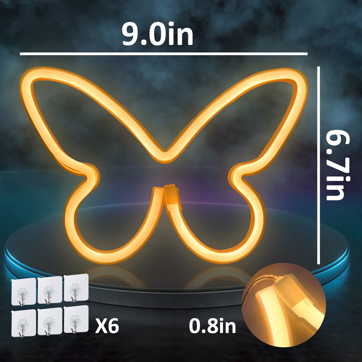 BRIGHTDECK butterfly neon sign on wall with easy hanging hooks.
