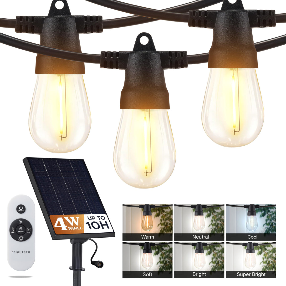 Brightech Ambience Pro 27ft solar string lights installed outdoors with panel