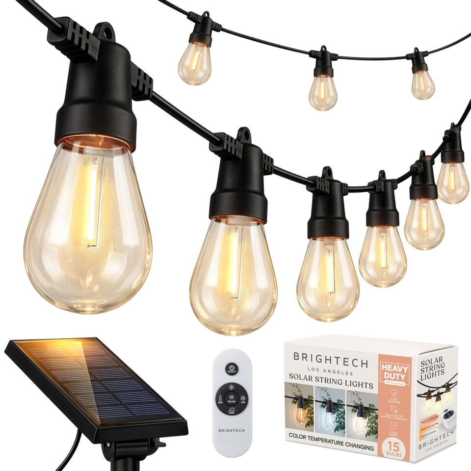 Brightech Ambience Pro 48ft outdoor string lights illuminating a patio for evenings outdoors