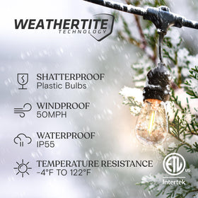 Brightech Ambience Pro 48 ft string lights over patio for inviting mood.